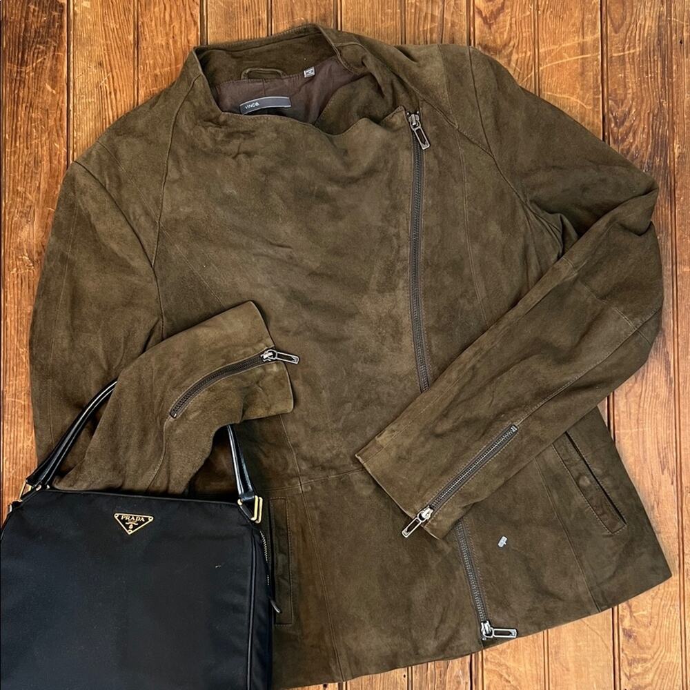 Women’s Vince Moto Jacket Olive brown luxurious Suede zip